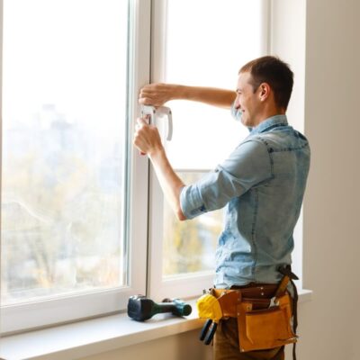 Mężczyzna wykonuje ciepły montaż okien, używając profesjonalnych narzędzi.