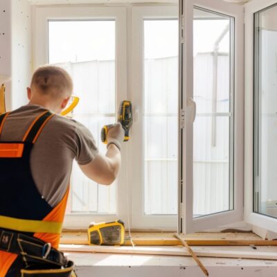 Pracownik przeprowadza ciepły montaż okien w nowoczesnym budynku.